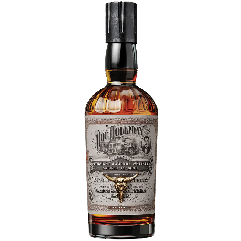 Bottle of whiskey with a label on a white background