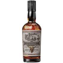 Bottle of whiskey with a label on a white background