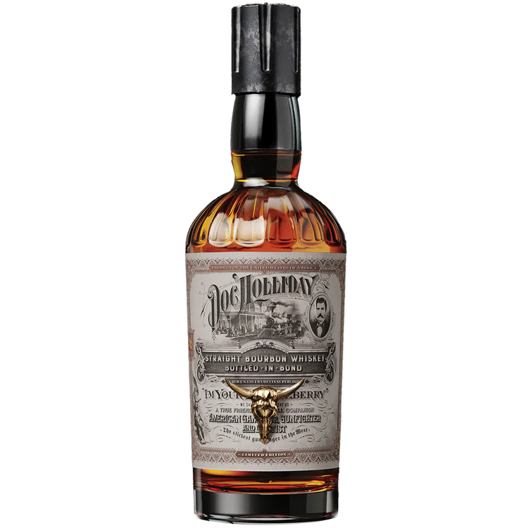 Bottle of whiskey with a label on a white background