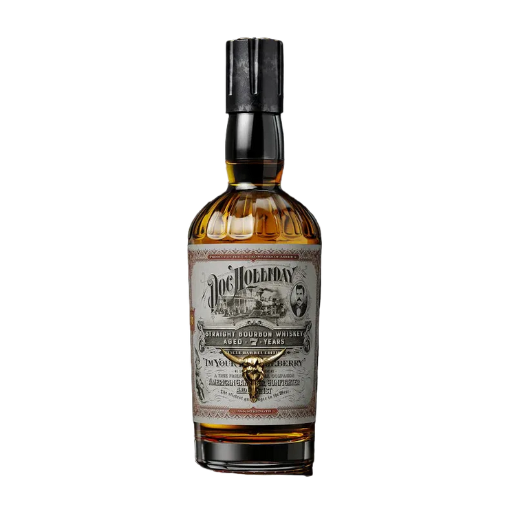 Bottle of Doc Holliday whiskey with a detailed label on a black background
