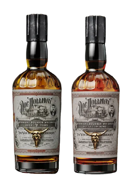 Bottle of Doc Holliday whiskey with label and packaging on a white background