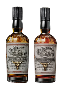 Bottle of Doc Holliday whiskey with label and packaging on a white background