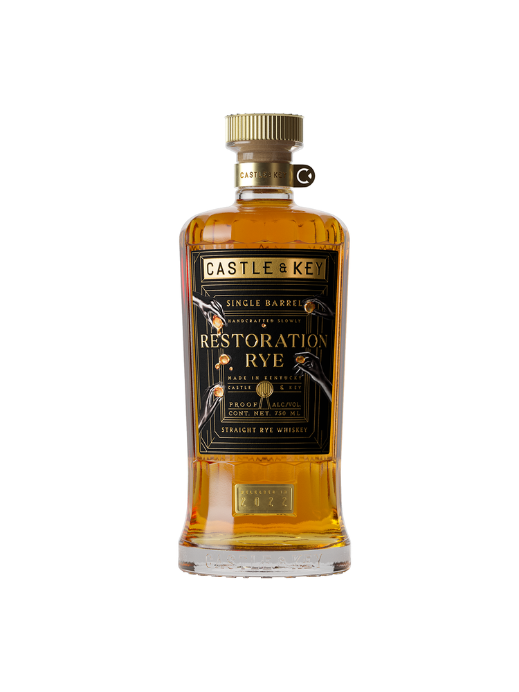 Bottle of Castle & Key Restoration Rye whiskey on a white background