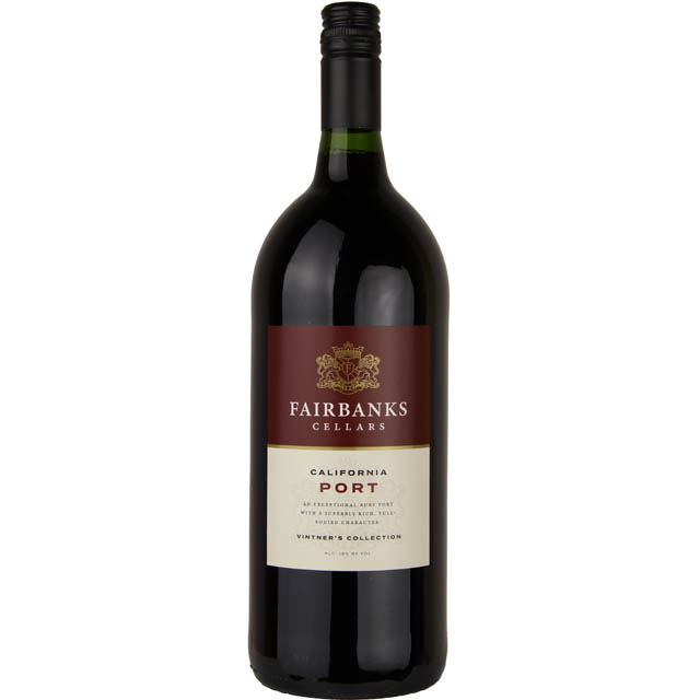 A bottle of Fairbanks Cellars California Port from the Tuckerman Collection, featuring a dark glass bottle with a maroon and cream label, set against a plain white background.