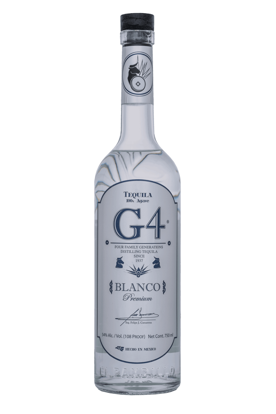 G4 Blanco tequila bottle on a gray background