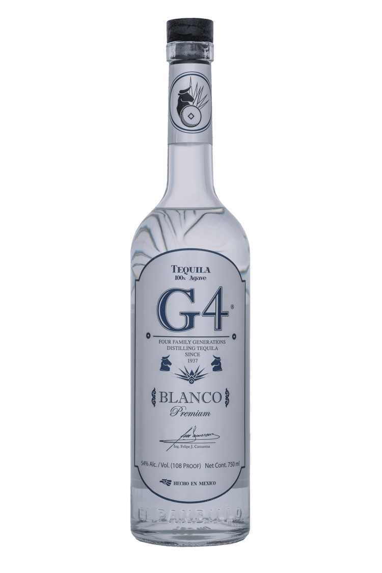 G4 Blanco tequila bottle on a gray background