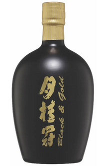 Black bottle with gold text on a white background
