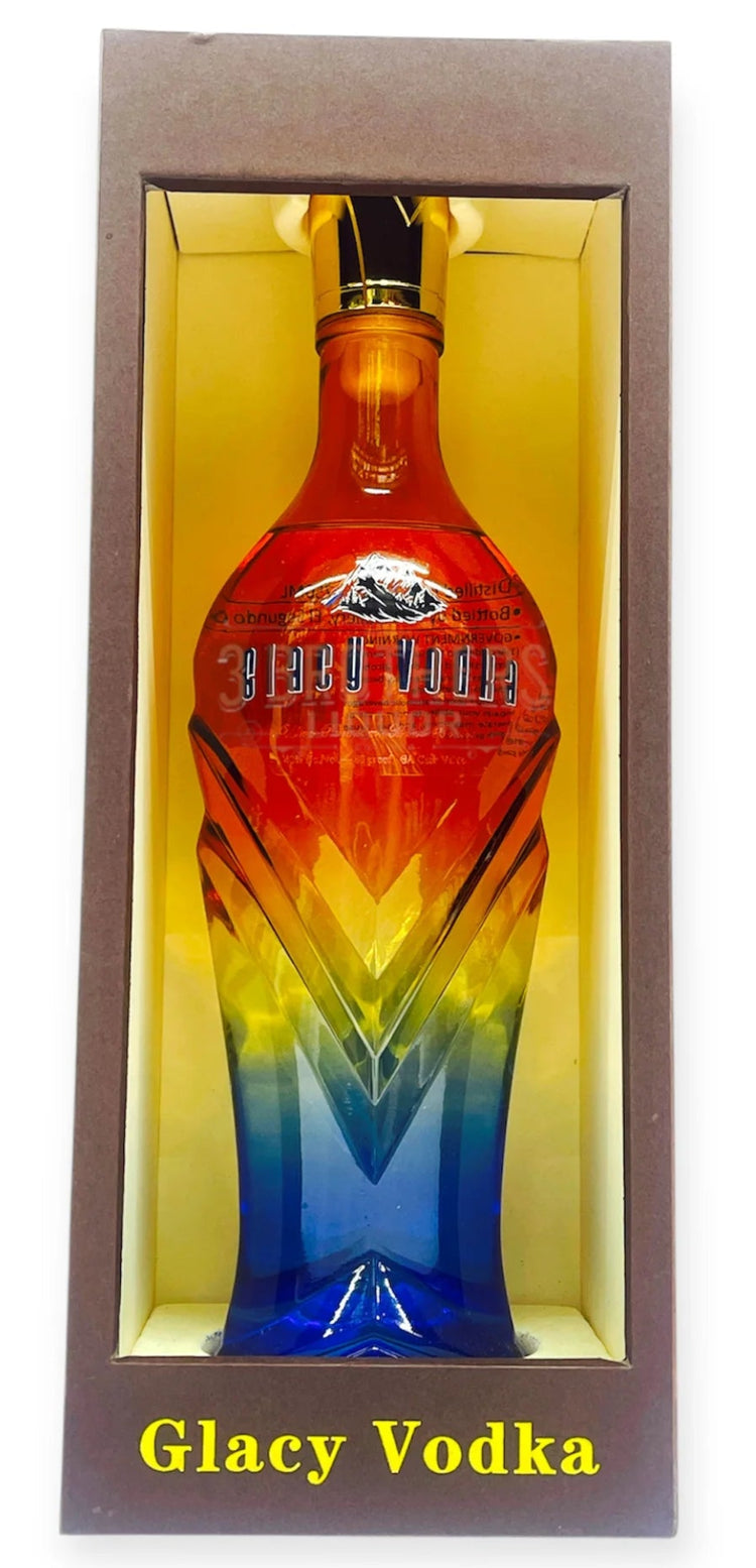 Colorful vodka bottle in a decorative box with 'Glacy Vodka' branding.