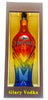 Colorful vodka bottle in a decorative box with 'Glacy Vodka' branding.