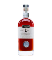 A bottle of Goslings Papa Seal Single Barrel Whiskey against a plain white background. The bottle is filled with amber-brown whiskey and features a white label with black text and a silver wax seal near the bottom.