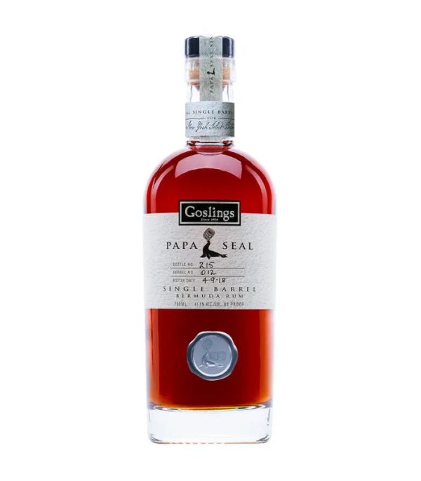 A bottle of Goslings Papa Seal Single Barrel Whiskey against a plain white background. The bottle is filled with amber-brown whiskey and features a white label with black text and a silver wax seal near the bottom.