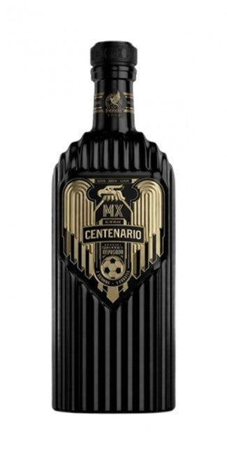 Black and gold bottle of MX Centenario on a white background