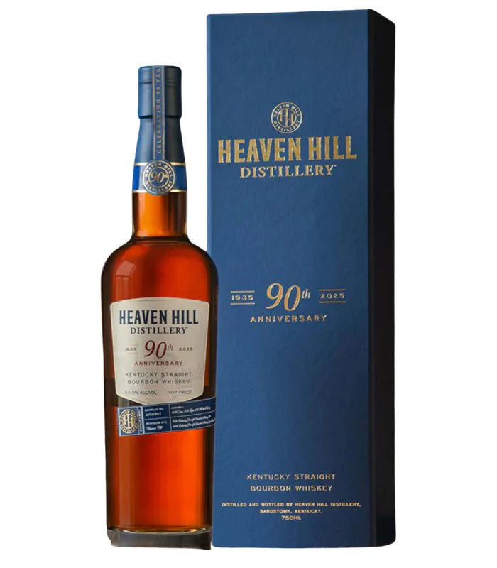 Heaven Hill 90th Anniversary bourbon whiskey bottle and box on a white background