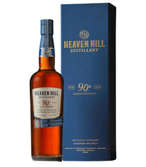 Heaven Hill 90th Anniversary bourbon whiskey bottle and box on a white background