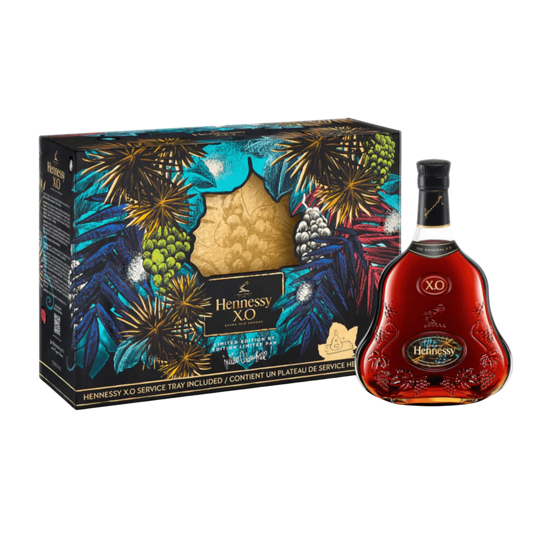 Hennessy XO cognac bottle with decorative box on a white background