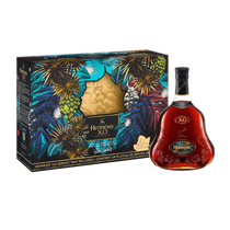 Hennessy XO cognac bottle with decorative box on a white background