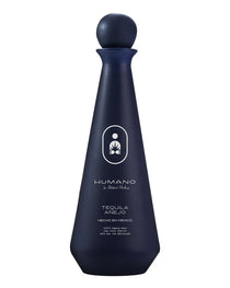 Navy blue tequila bottle with 'Humano' branding on a white background