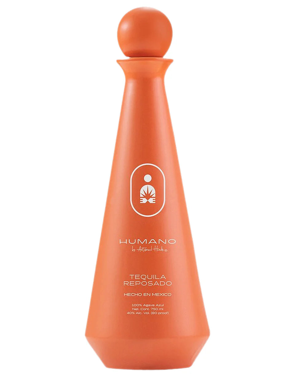 Orange tequila bottle with 'Humano' branding on a white background