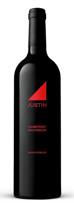 Black wine bottle with red triangle logo and 'Justin' branding on a white background