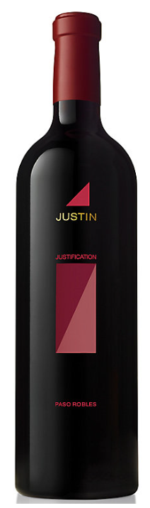 Red wine bottle with Justin label on a white background