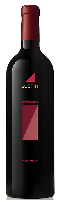 Red wine bottle with Justin label on a white background