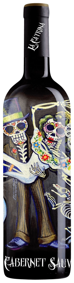 Wine bottle with artistic design of skeletons holding hands on a black background