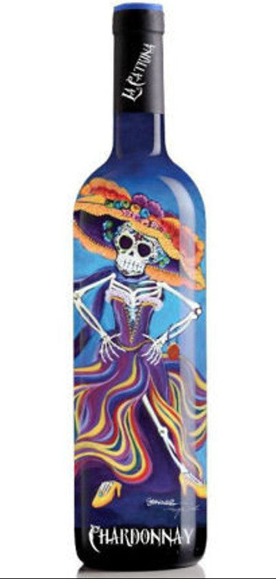 Wine bottle with colorful label featuring a skeleton in a dress on a white background