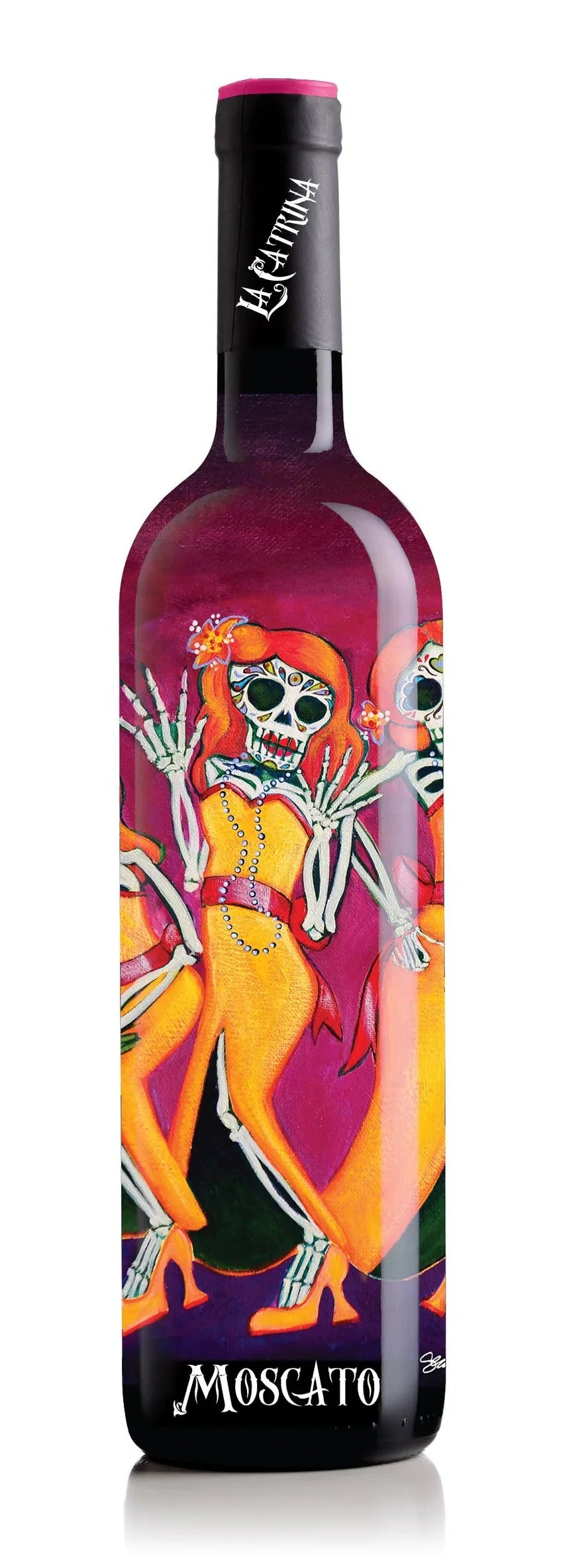 Bottle of Moscato with colorful label featuring a skeleton design on a white background