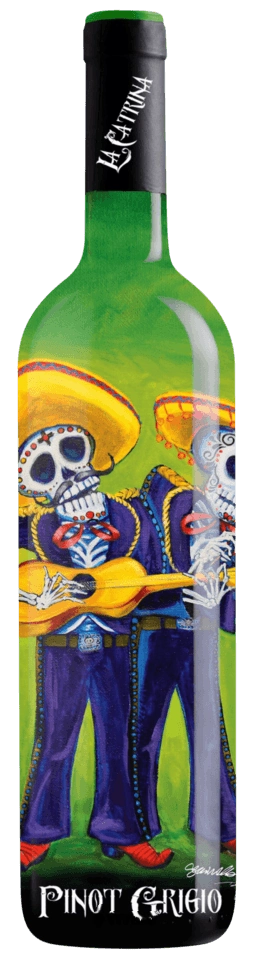 Wine bottle with colorful skeleton design