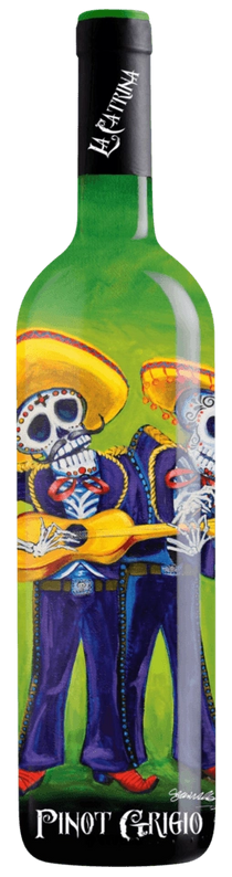 Wine bottle with colorful skeleton design