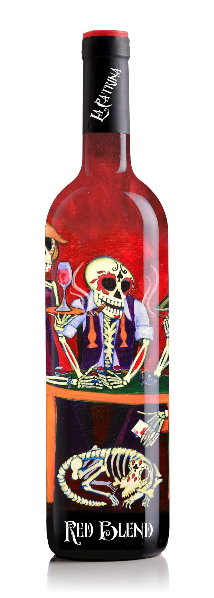 Wine bottle with colorful label featuring skeletons and the brand 'Red Blend' on a white background