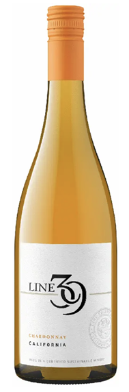 Wine bottle labeled 'Line 39' with an orange cap on a white background