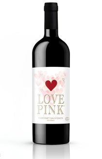 Wine bottle with a 'Love Pink' label on a white background