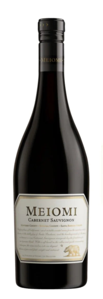 Meiomi Cabernet Sauvignon wine bottle and label on a white background