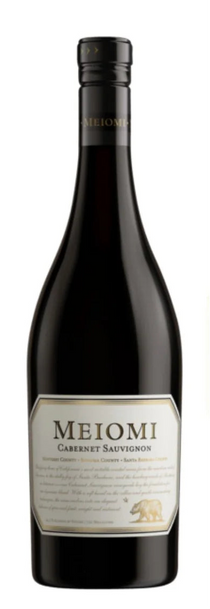 Meiomi Cabernet Sauvignon wine bottle and label on a white background