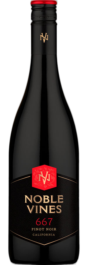 A bottle of Noble Vines 667 Pinot Noir California red wine, featuring a dark glass bottle with a black label, gold lettering, and a red logo shield.