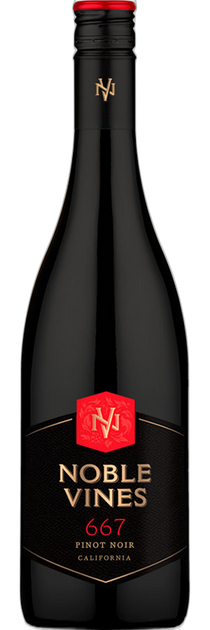 A bottle of Noble Vines 667 Pinot Noir California red wine, featuring a dark glass bottle with a black label, gold lettering, and a red logo shield.