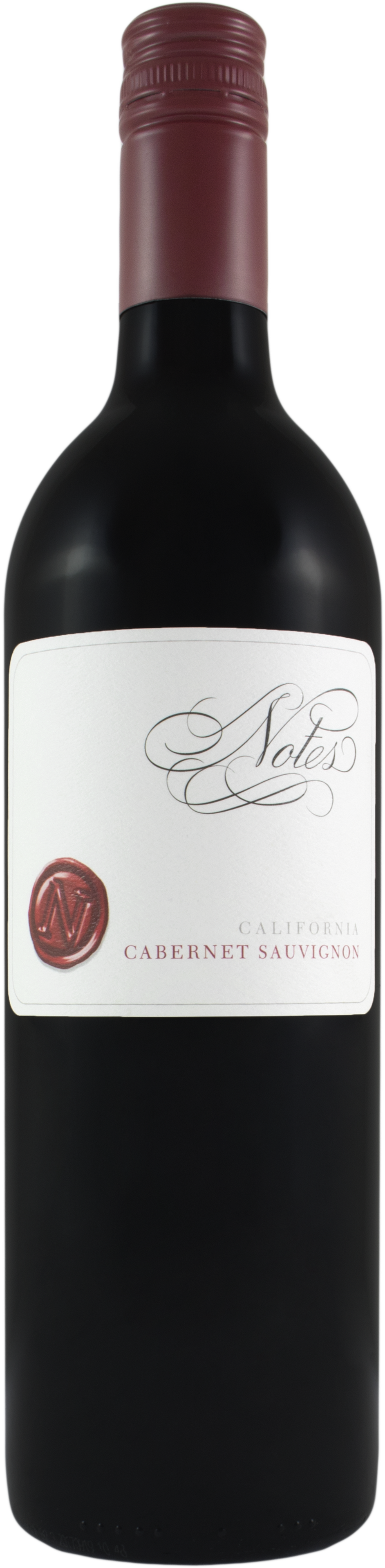 A bottle of Napa Cabernet Sauvignon red wine with a dark glass body, a white label with elegant black script, and a dark red wax seal, topped with a dark red foil capsule.