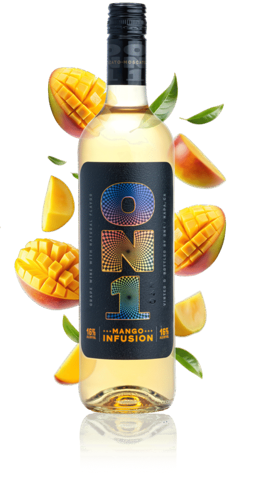 Bottle of ON1 Mango Infusion with mango slices on a beige background