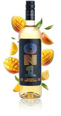 Bottle of ON1 Mango Infusion with mango slices on a beige background