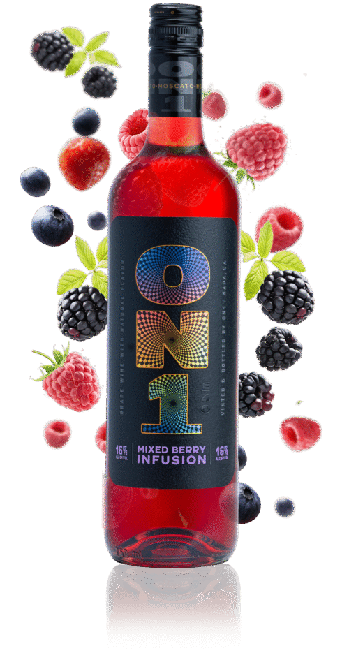 Bottle of ON1 Mixed Berry Infusion with berries on a brown background
