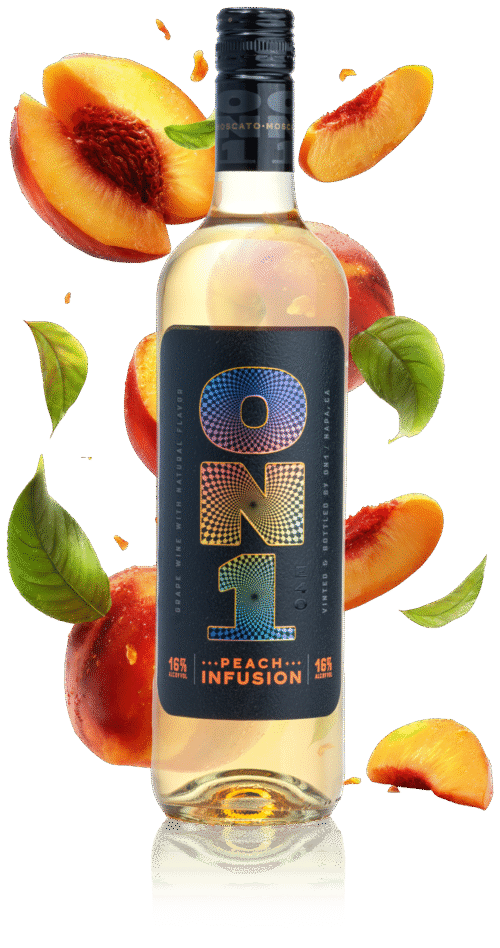 Bottle of ON1 Peach Infusion with peach slices and leaves on a beige background