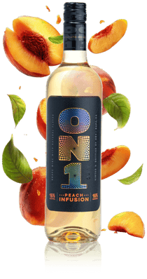 Bottle of ON1 Peach Infusion with peach slices and leaves on a beige background