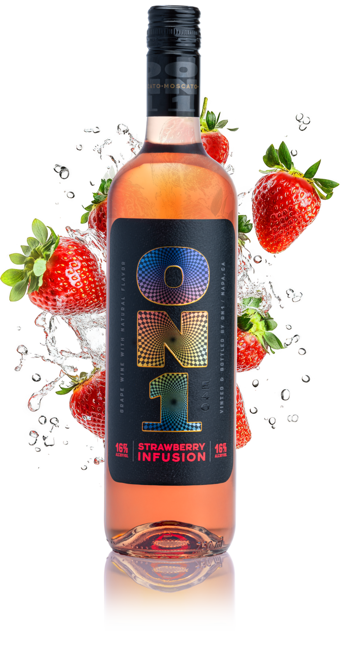 Bottle of ON1 Strawberry Infusion with strawberries and water droplets on a white background