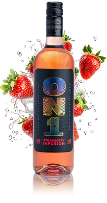 Bottle of ON1 Strawberry Infusion with strawberries and water droplets on a white background