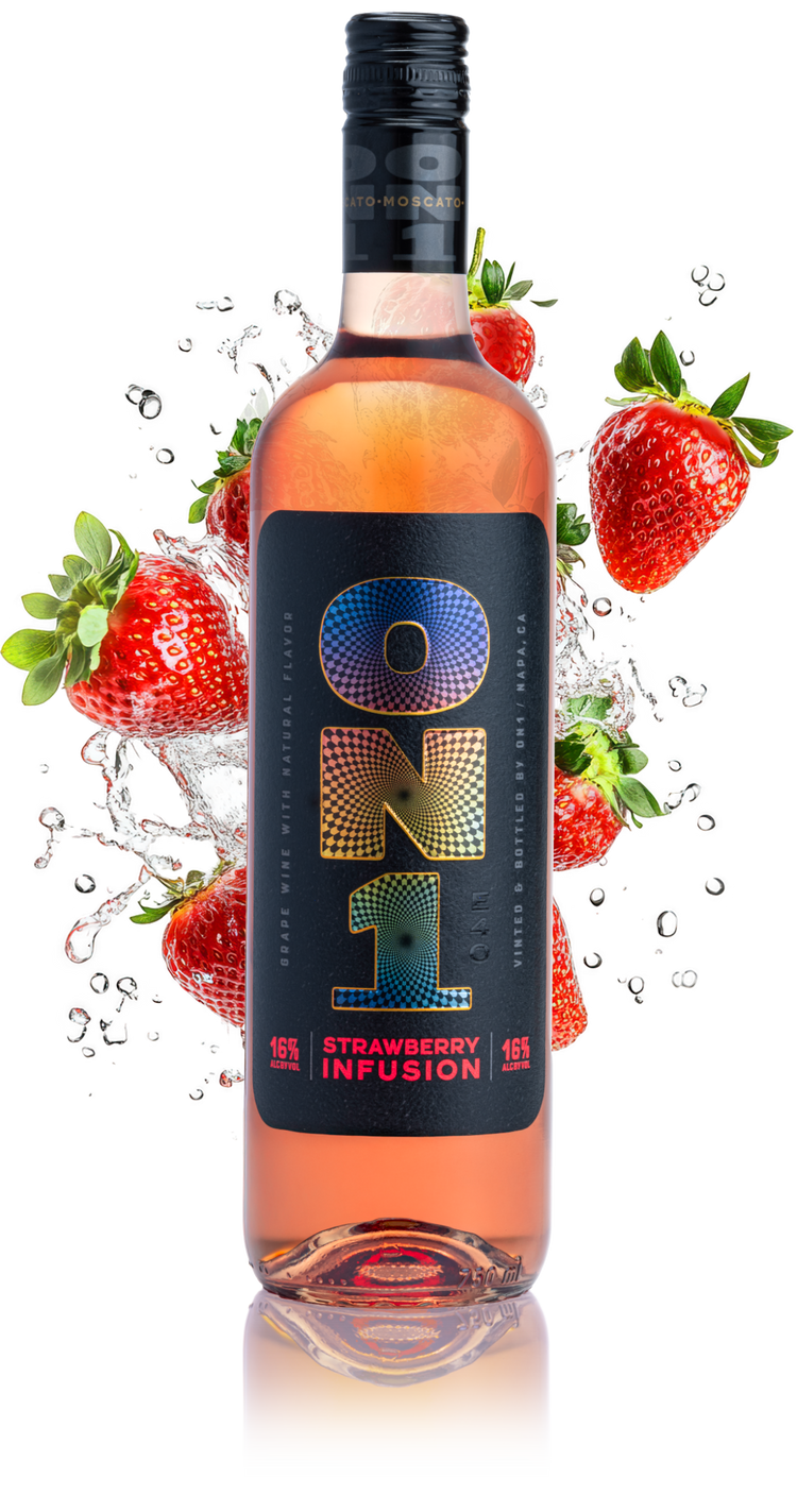 Bottle of ON1 Strawberry Infusion with strawberries and water droplets on a white background