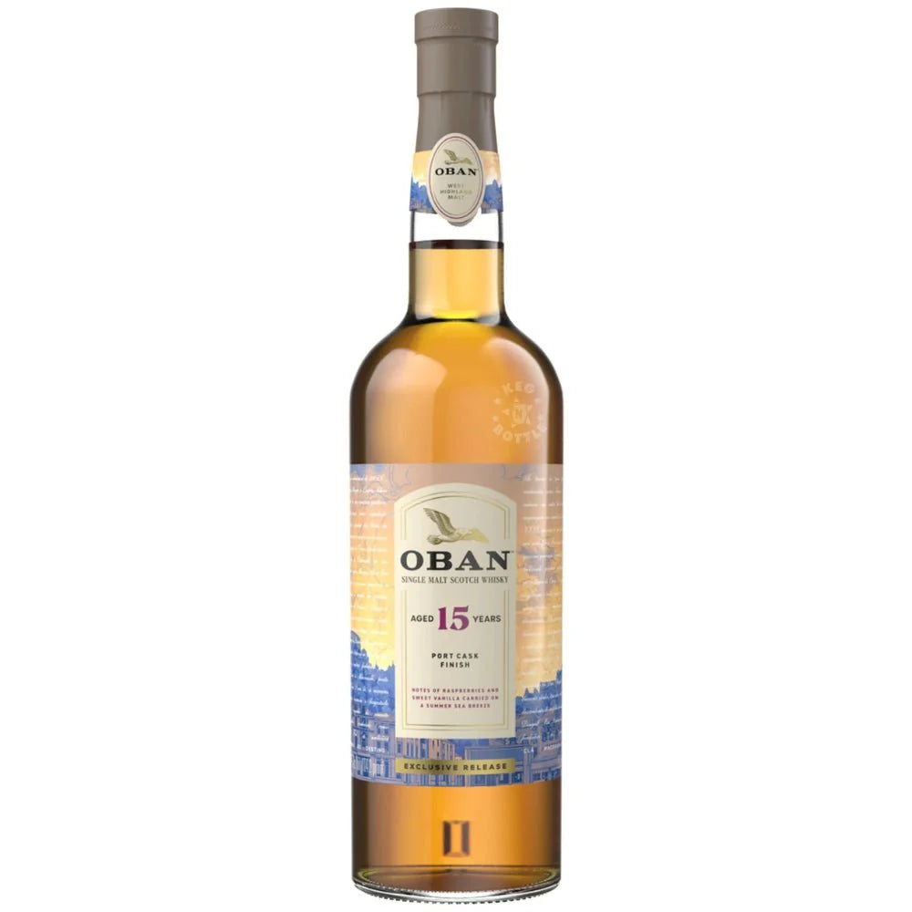 Oban 15-year-old whisky bottle on a white background