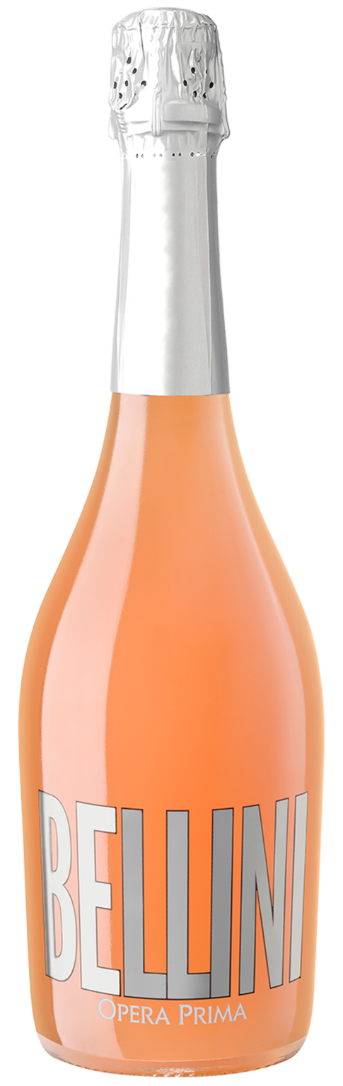 Bottle of Bellini with a silver cap on a white background
