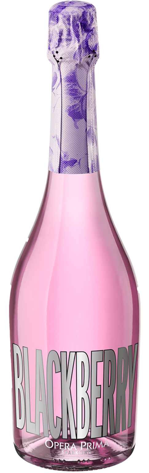 Pink bottle of Blackberry sparkling wine with purple cap on a white background