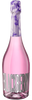 Pink bottle of Blackberry sparkling wine with purple cap on a white background
